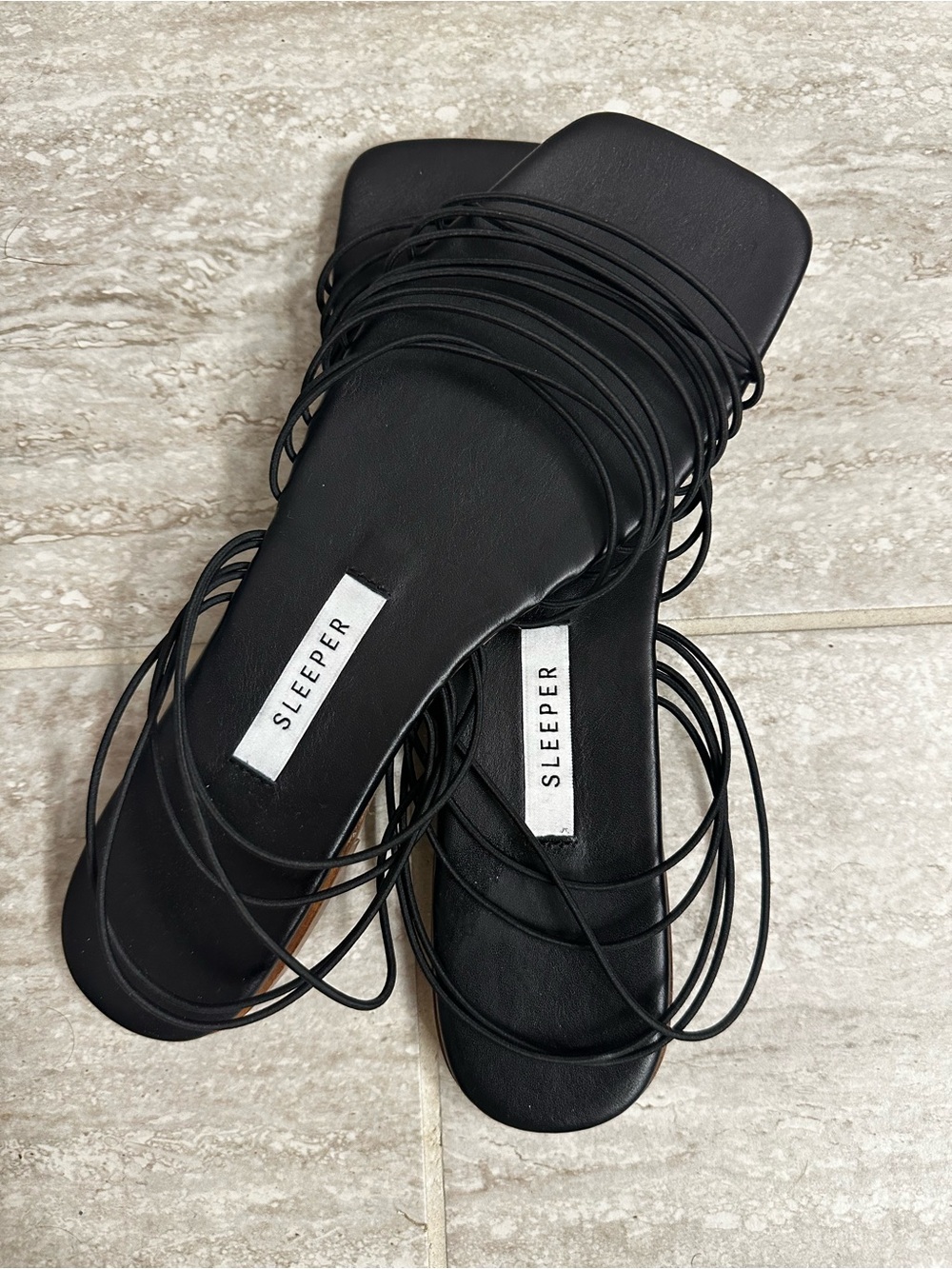 Sleeper Black Strappy Square-Toe Flat Sandal